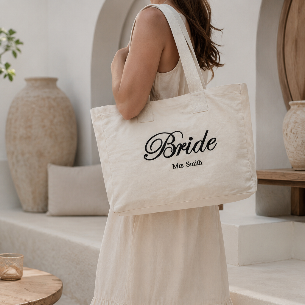 Woman in a white dress holding a tote bag with 'Bride' and 'Mrs. Smith' text in a neutral setting.
