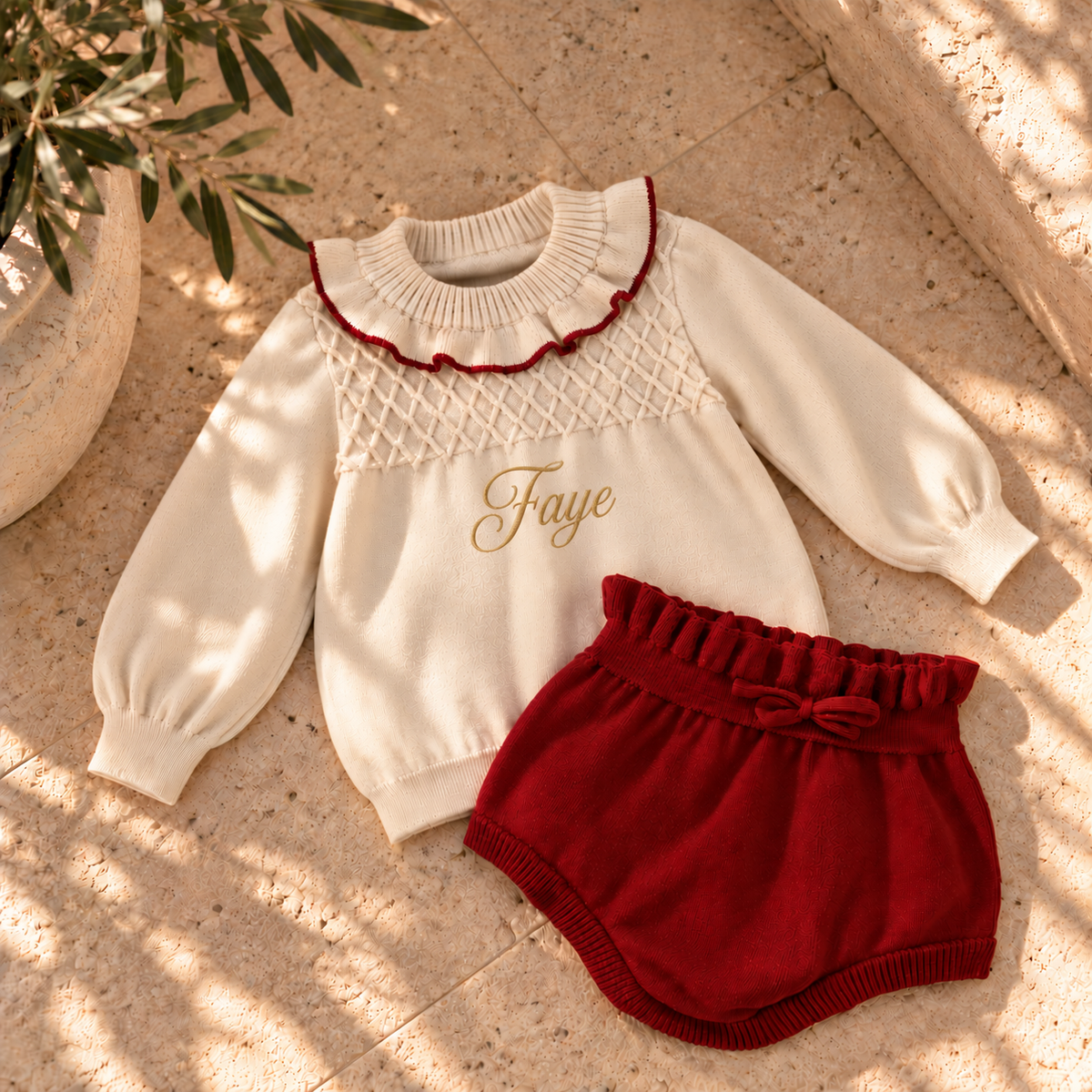 Personalised Knitted Baby Christmas Outfit | Cream Sweater & Burgundy Bloomers