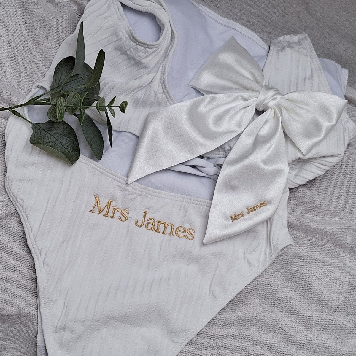 bridal Mrs James swimsuit and hair bow
