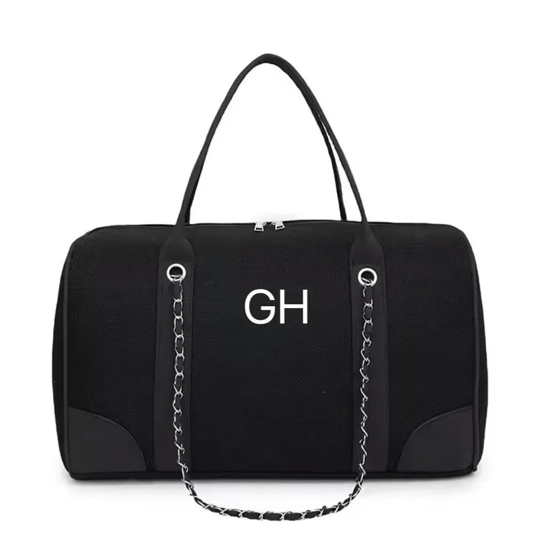 Black duffel bag with 'GH' initials on a white background