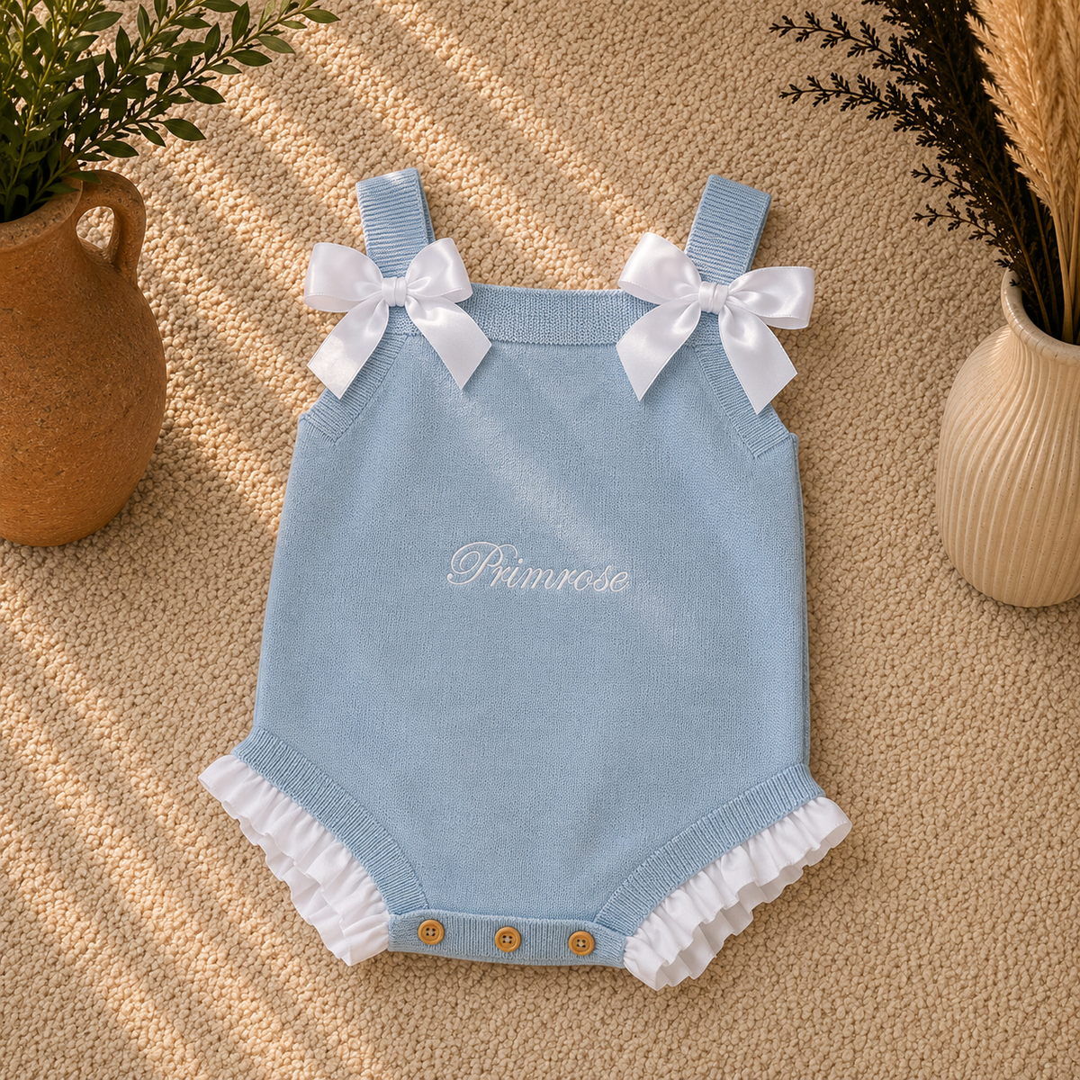 A baby romper in light blue knit fabric with white satin bows on the shoulder straps, white ruffled trim at the leg openings, and the name 'Primrose' embroidered in white on the chest. The romper is laid flat on a textured beige carpet with decorative potted plants on either side.
