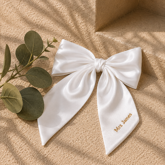 A white satin bow hair clip with 'Mrs. Jones' embroidered in gold on one tail, styled on a textured beige surface with eucalyptus leaves and soft shadows.