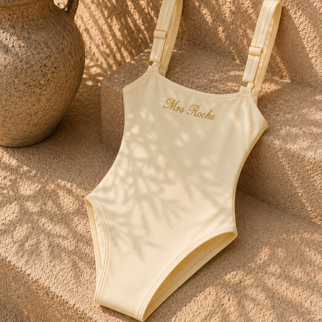 A cream-colored one-piece swimsuit with adjustable shoulder straps and 'Mrs. Roche' embroidered in gold on the chest, displayed on textured stone steps with a potted plant nearby.