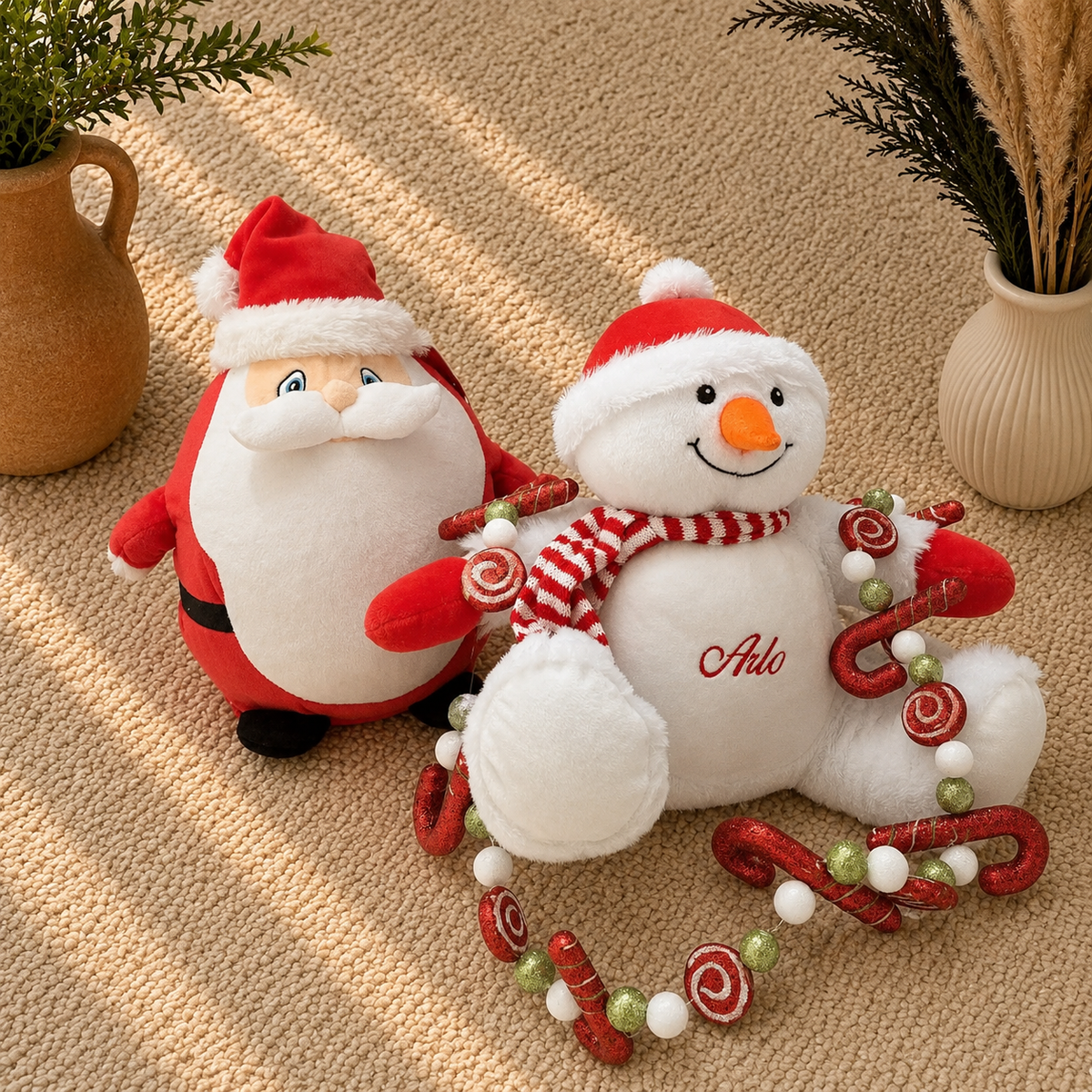 Two plush Christmas toys on a beige textured rug: a Santa Claus figure and a snowman figure wearing a red-and-white striped scarf, with candy cane garlands around them and potted plants in the background.