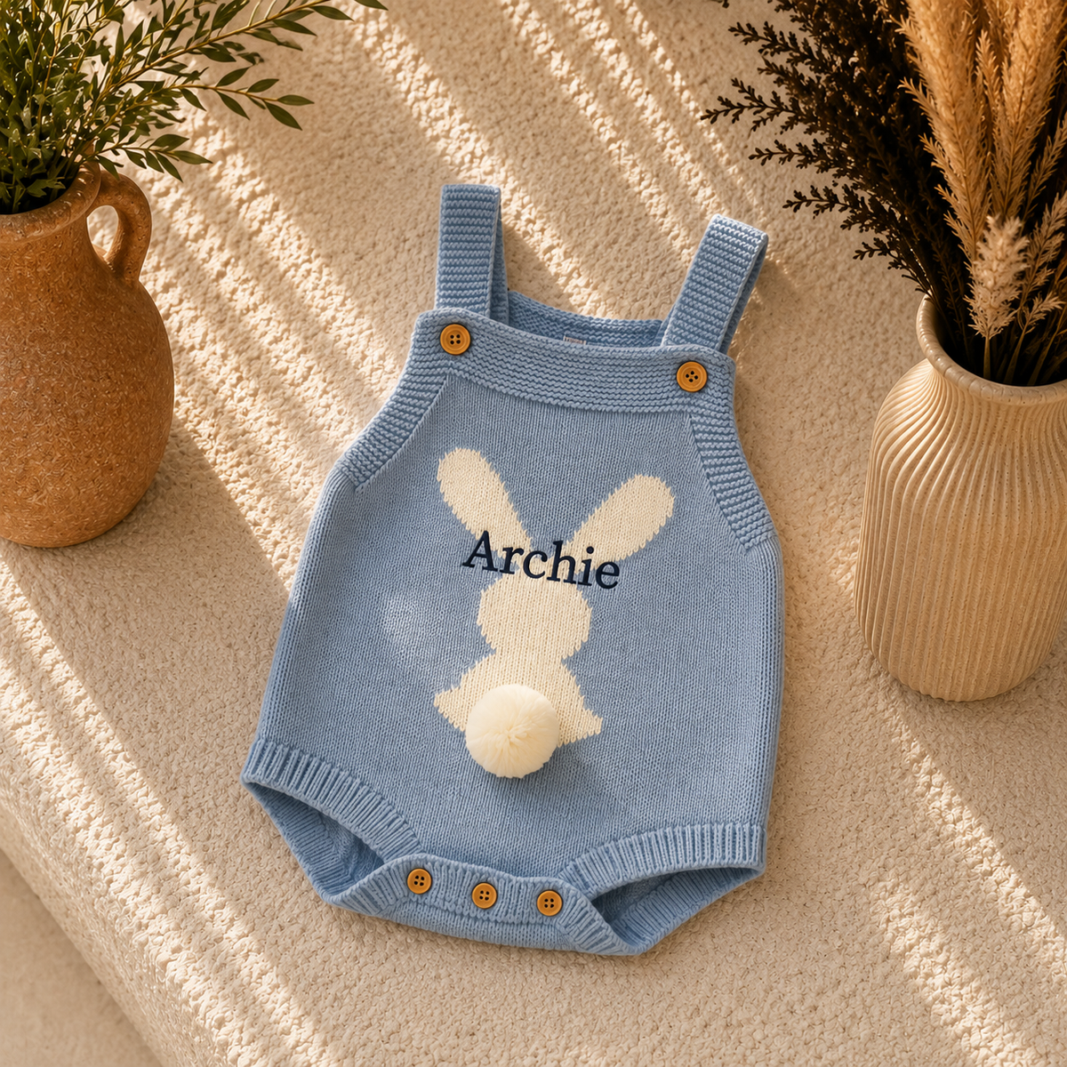 A light blue knit baby romper laid flat on a textured beige surface with warm sunlight shadows. The romper has a cream bunny applique on the front with the name 'Archie' embroidered above it, plus three brown buttons at the crotch and shoulder straps.