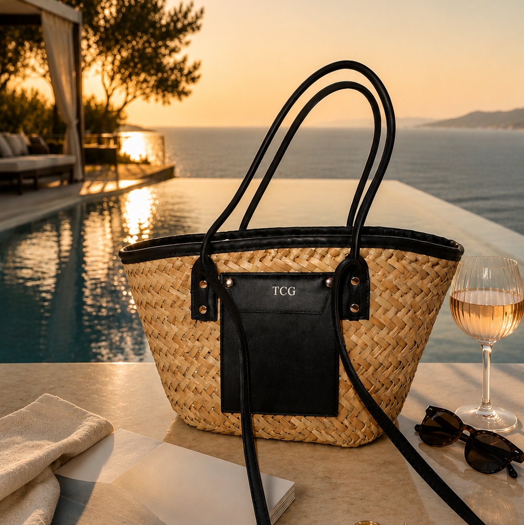 Woven bag with black accents on a table by a poolside at sunset