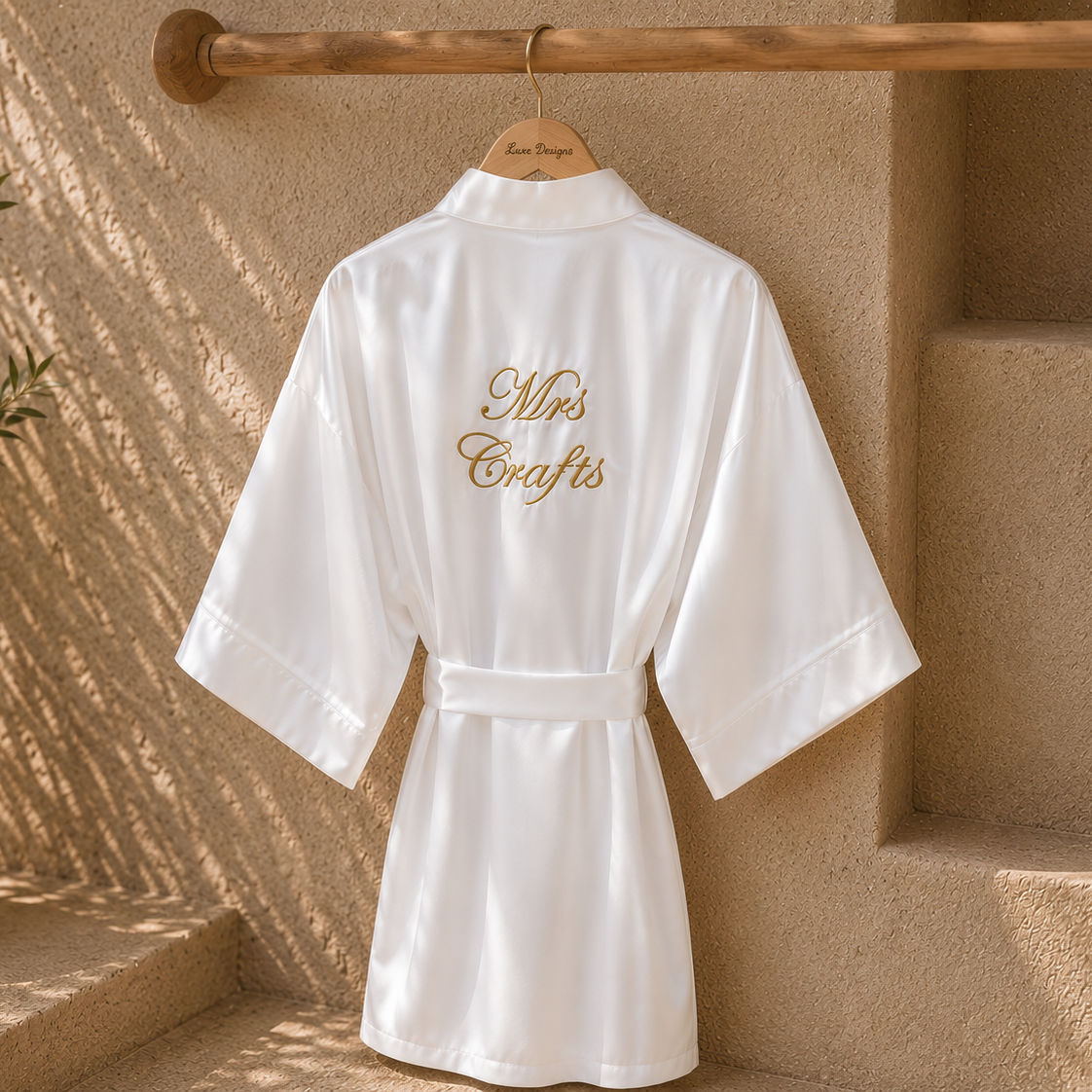 A white satin robe hanging on a wooden hanger against a beige stucco wall, with the words 'Mrs Crafts' embroidered in gold on the back. A potted plant sits to the left, and warm sunlight casts shadows across the scene.