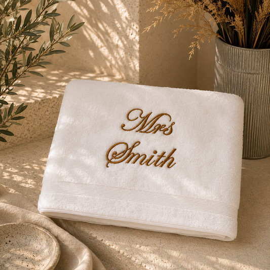 A folded white towel with the name 'Mrs. Smith' embroidered in gold cursive script, styled on a textured beige surface with warm natural shadows.