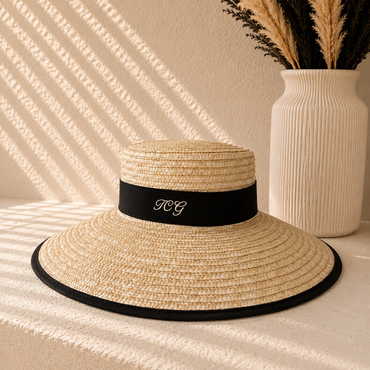 A woven straw sun hat with a wide brim and a black band featuring the monogram 'TC', styled on a textured beige surface with a white ribbed vase in the background under diagonal shadow patterns.