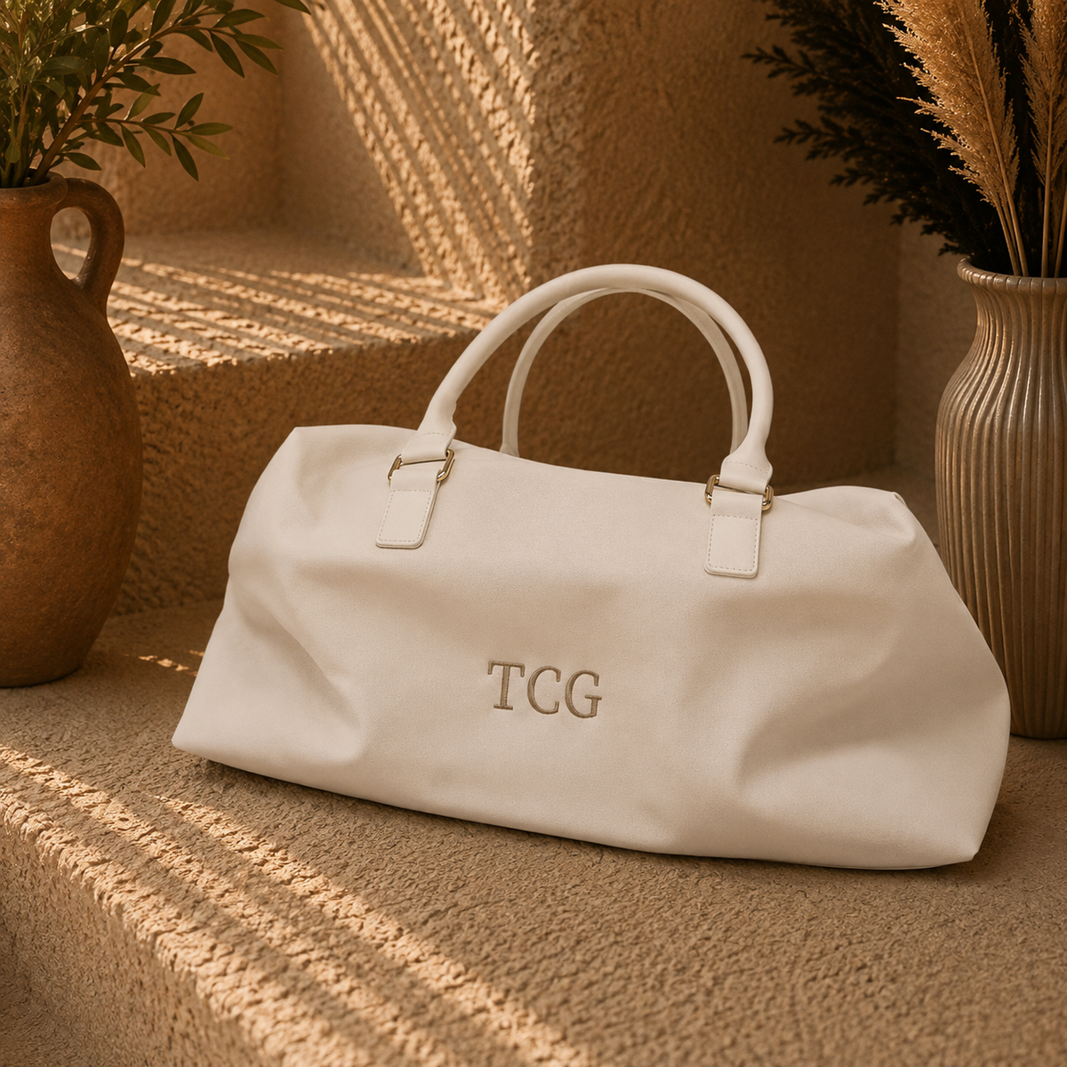 A cream-colored canvas duffel bag with 'TCG' embroidered on the front, styled on textured stone steps with warm sunlight and potted plants in the background.