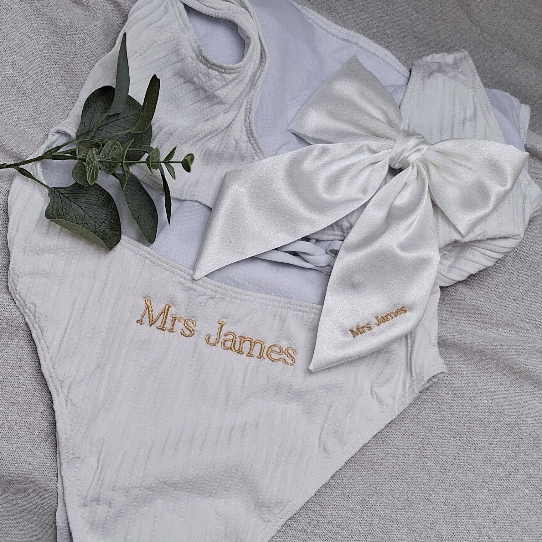bridal Mrs James swimsuit and hair bow