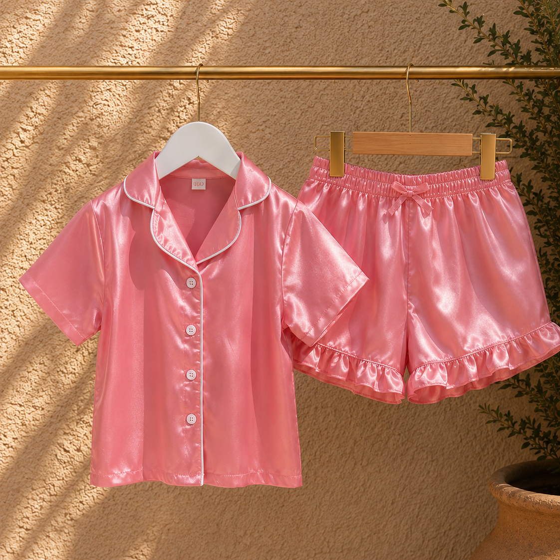A two-piece pink satin pajama set hanging on a gold clothing rack against a textured beige wall with leaf shadows. The set includes a short-sleeve button-front pajama shirt with white piping and matching ruffled pajama shorts.