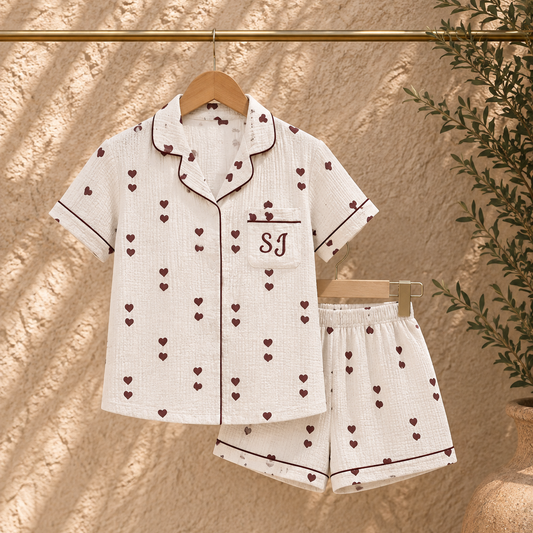 A two-piece pajama set hanging on wooden hangers against a textured beige wall with leafy shadows. The set includes a short-sleeve button-front pajama top and matching shorts in a white or off-white woven fabric, decorated with a small dark brown heart pattern and dark piping.