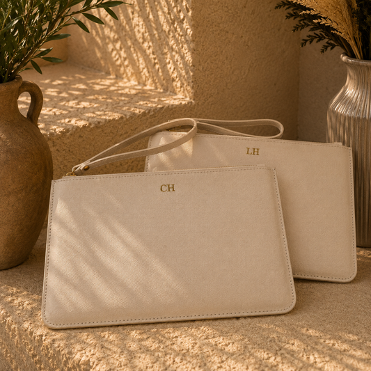 Two cream-colored leather clutch bags with gold monogram initials 'CH' and 'LH' are styled on a textured stone surface with warm sunlight and shadow patterns, flanked by potted plants.