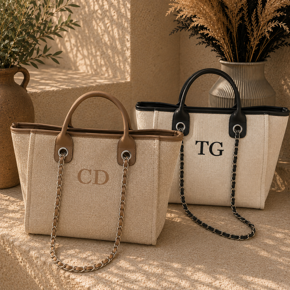 Two canvas tote bags with chain handles are displayed on a stone surface in a warm, sunlit setting. The front bag is beige with brown leather trim and handles, featuring a gold chain and the monogram 'CD'.