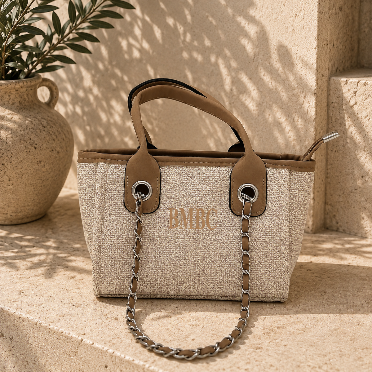 A structured beige canvas tote bag with tan leather handles and trim, featuring a silver-tone chain strap and the initials 'BMBC' printed on the front. The bag is styled on a beige stone surface with a potted plant in the background.