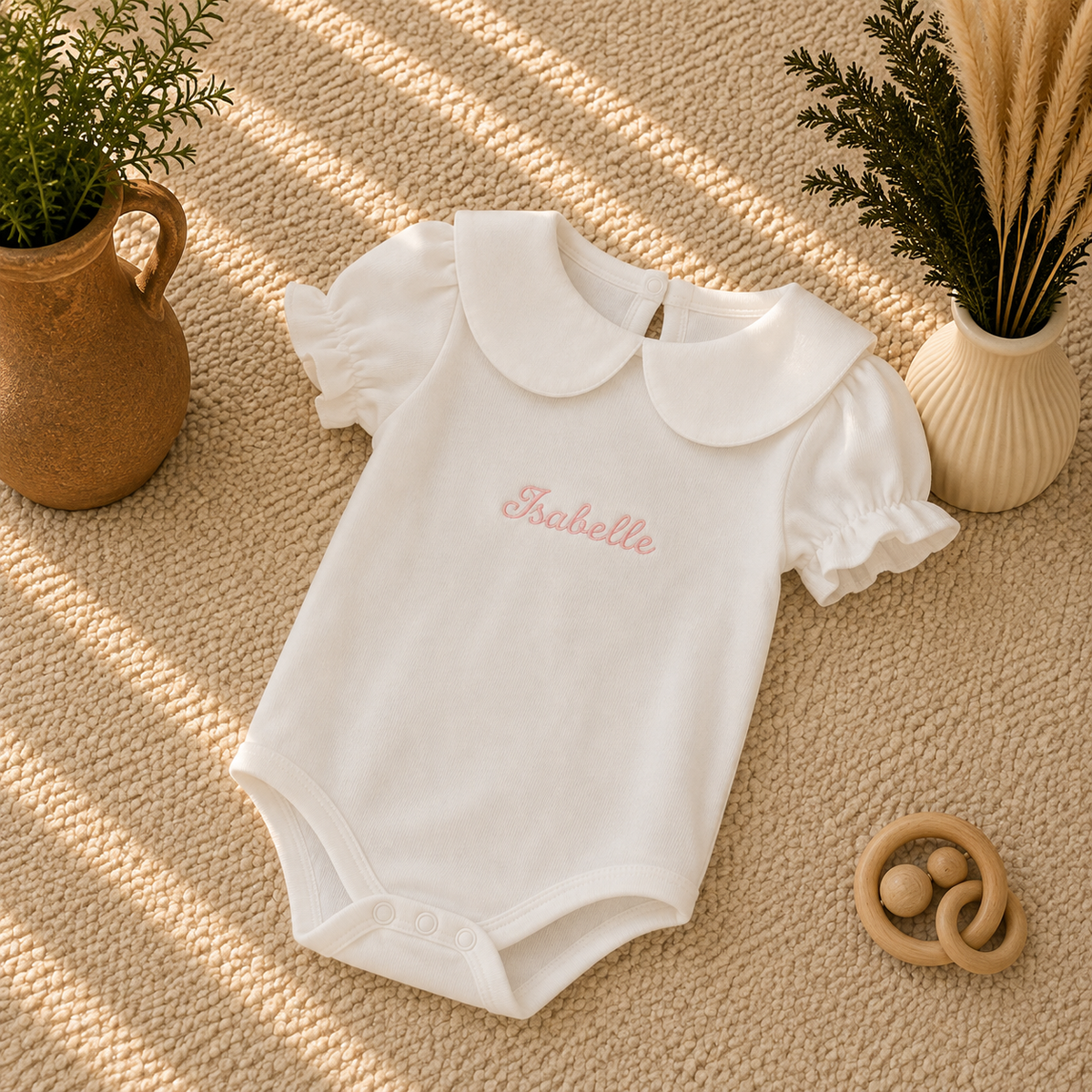 A white short-sleeve baby bodysuit with a Peter Pan collar and the name 'Isabelle' embroidered in pink script on the chest, styled on a beige woven rug with plants and a wooden toy.