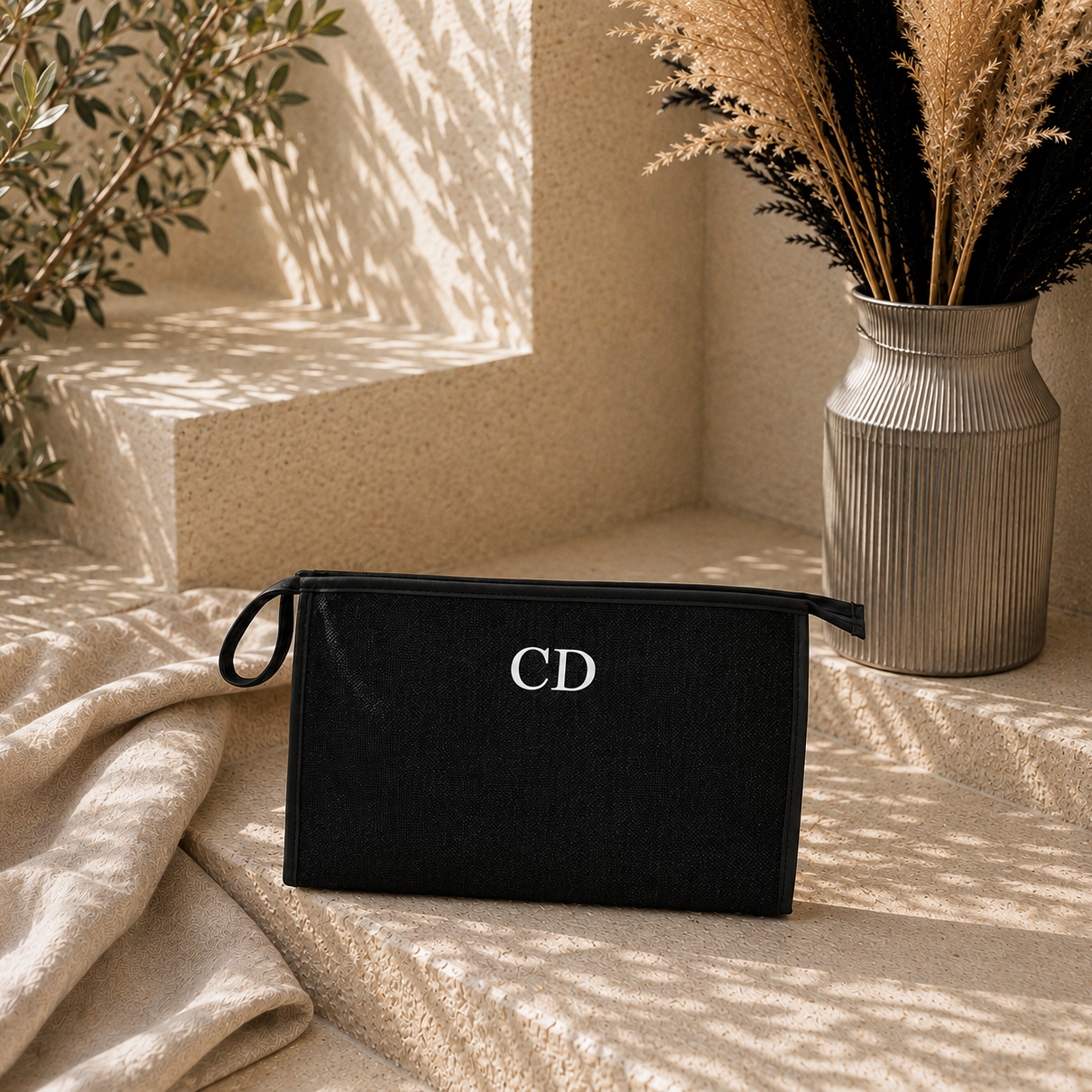 A black textured cosmetic pouch with a top zipper and a small wrist loop, featuring the letters 'CD' in silver on the front. The pouch is styled on a beige textured blanket with warm sunlight shadows, next to a silver vase with dried grasses.