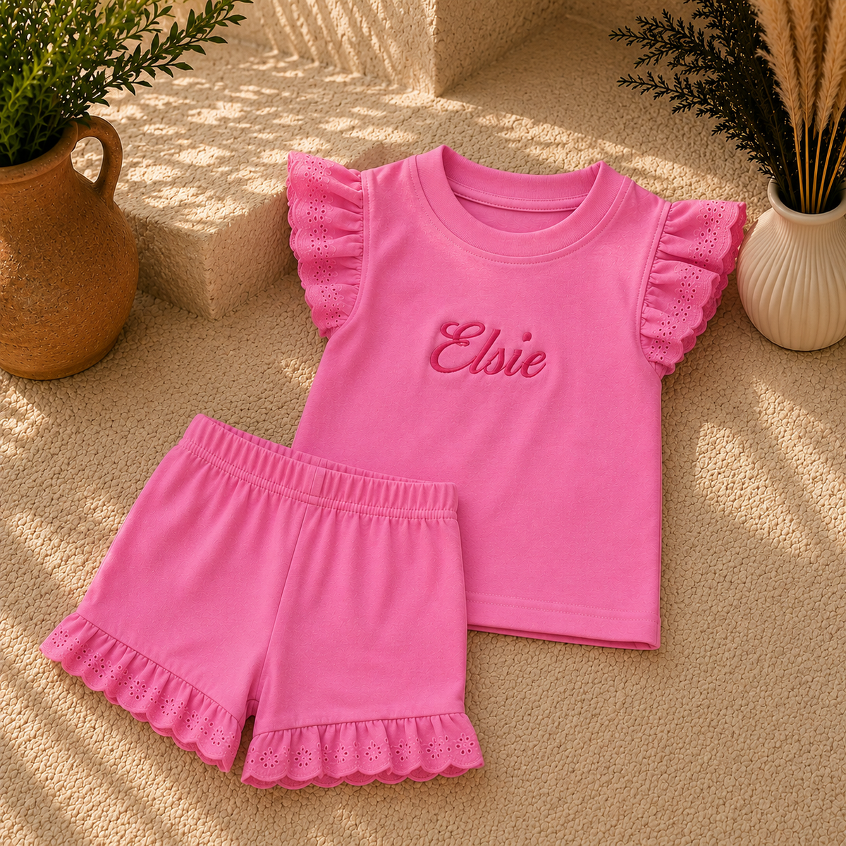 A pink two-piece children's outfit set consisting of a short-sleeve top with ruffled sleeves and matching shorts with ruffled hems, laid flat on a textured beige surface with decorative plants in the background. The top features the name 'Elsie' embroidered in pink script on the chest.