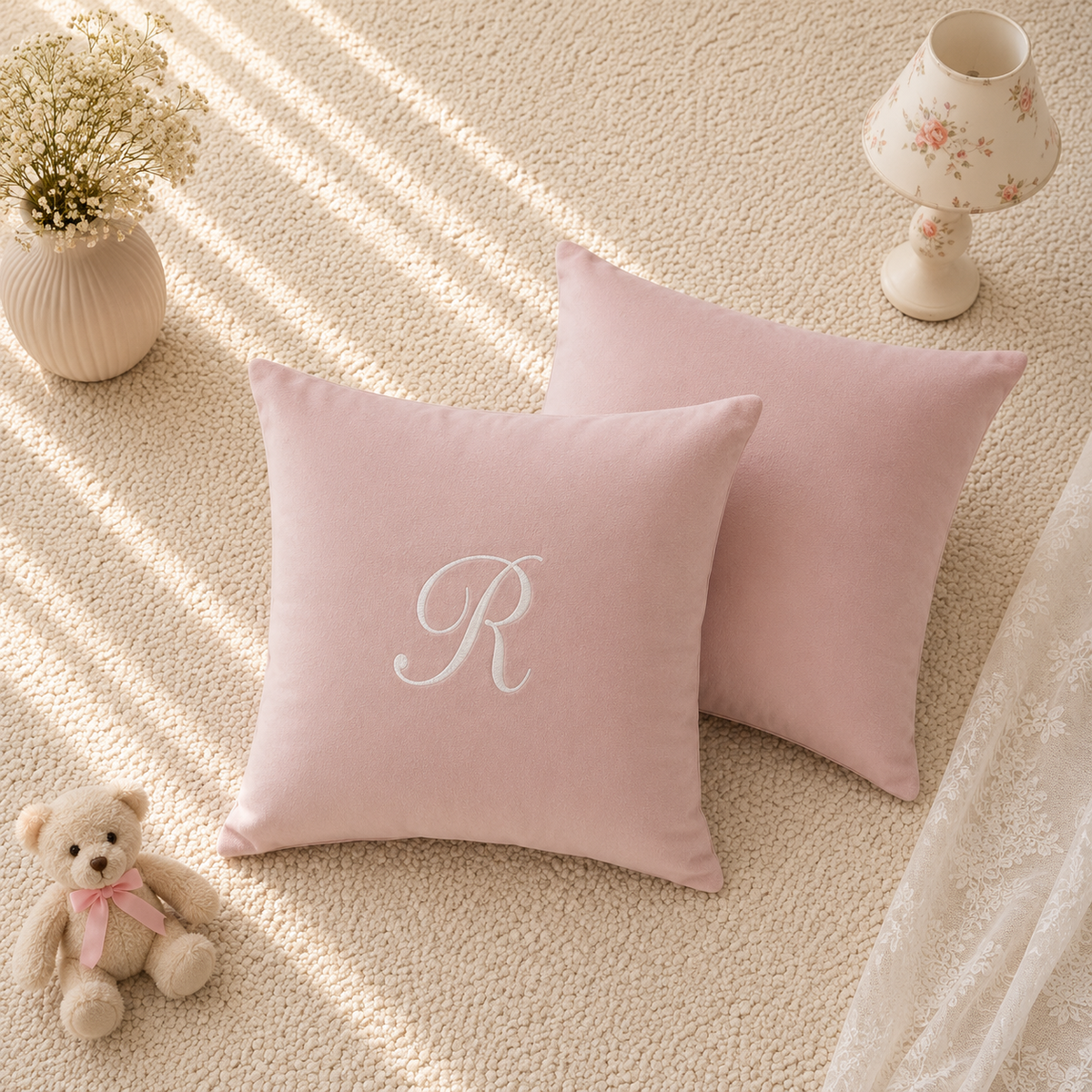 Two square blush pink throw pillows on a textured cream rug, with one pillow featuring an embroidered white monogram letter 'R'. The scene is styled with a small teddy bear, a vase of dried flowers, and a small lamp.