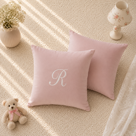Two square blush pink throw pillows on a textured cream rug, with one pillow featuring an embroidered white monogram letter 'R'. The scene is styled with a small teddy bear, a vase of dried flowers, and a small lamp.