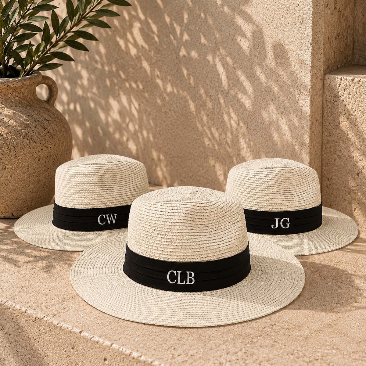 Three woven straw sun hats with black bands and white embroidered initials (CW, JG, CLB) are arranged on a beige stone surface with warm natural shadows and a potted plant in the background.