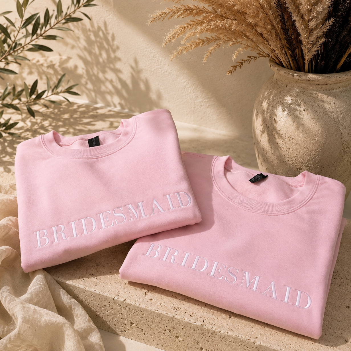 Two folded light pink crewneck sweatshirts with 'BRIDESMAID' embroidered in white across the front, arranged on a beige stone surface with dried grass in a vase and soft shadows in the background.