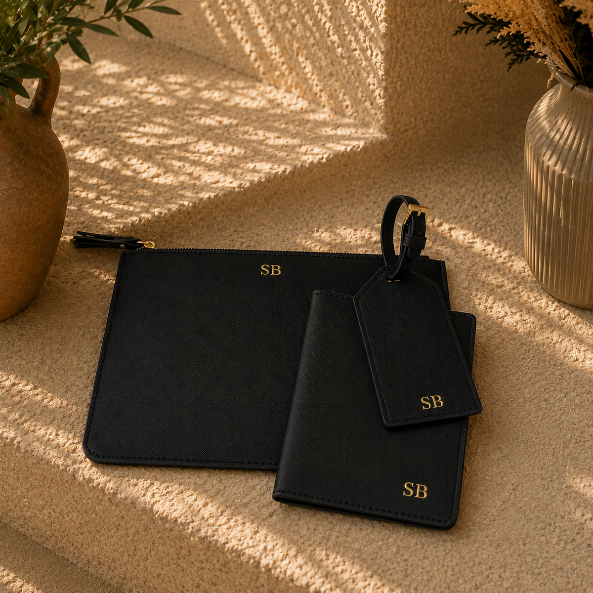 Two black faux-leather pouches with gold monogram initials 'SB' are arranged on a textured beige stone surface with warm sunlight and shadows. One pouch is flat and zippered, and the other is a slim card holder or wallet with a looped strap and matching tag.