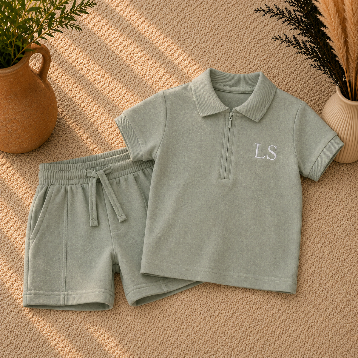 A two-piece children's outfit set in a light sage green color, featuring a short-sleeve polo shirt with a half-zip collar and matching drawstring shorts, laid flat on a textured beige rug with decorative potted plants.