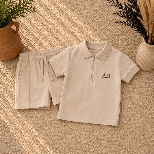 A baby or toddler two-piece outfit set in a warm cream/beige tone, featuring a short-sleeve polo shirt with a half-zip neckline and embroidered 'AD' on the chest, paired with matching drawstring shorts, arranged on a textured beige rug with decorative plants and vases.