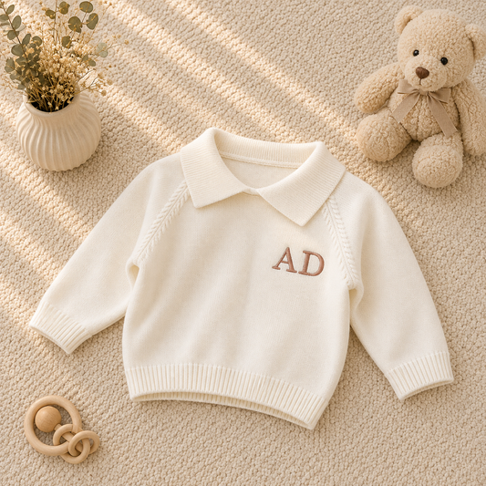 A cream-colored baby knit sweater with a short collar and 'AD' embroidered on the chest, styled in a flat-lay with a teddy bear, a teething ring, and dried flowers on a textured beige background.