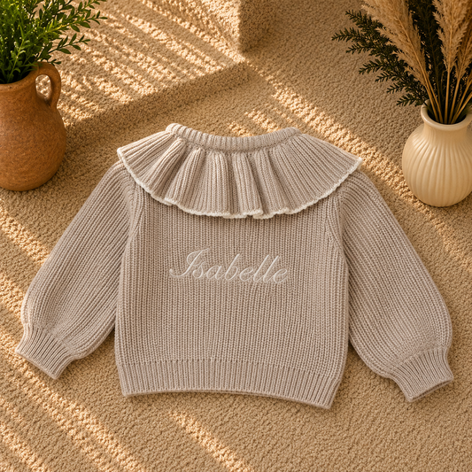 A beige knit baby sweater with a ruffled collar and the name 'Isabelle' embroidered in white script on the chest, styled on a textured beige rug with decorative plants in vases.