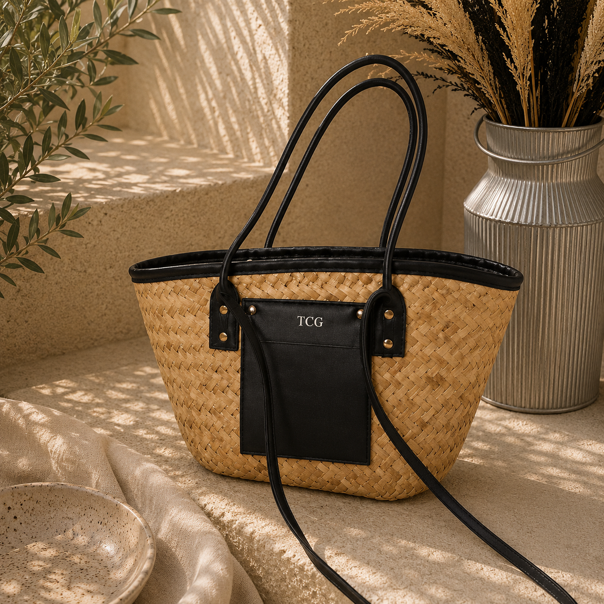 A woven straw tote bag with black leather handles and a front pocket featuring the 'TCG' logo, styled on a beige stone surface with warm sunlight and dried grass in a metal vase.