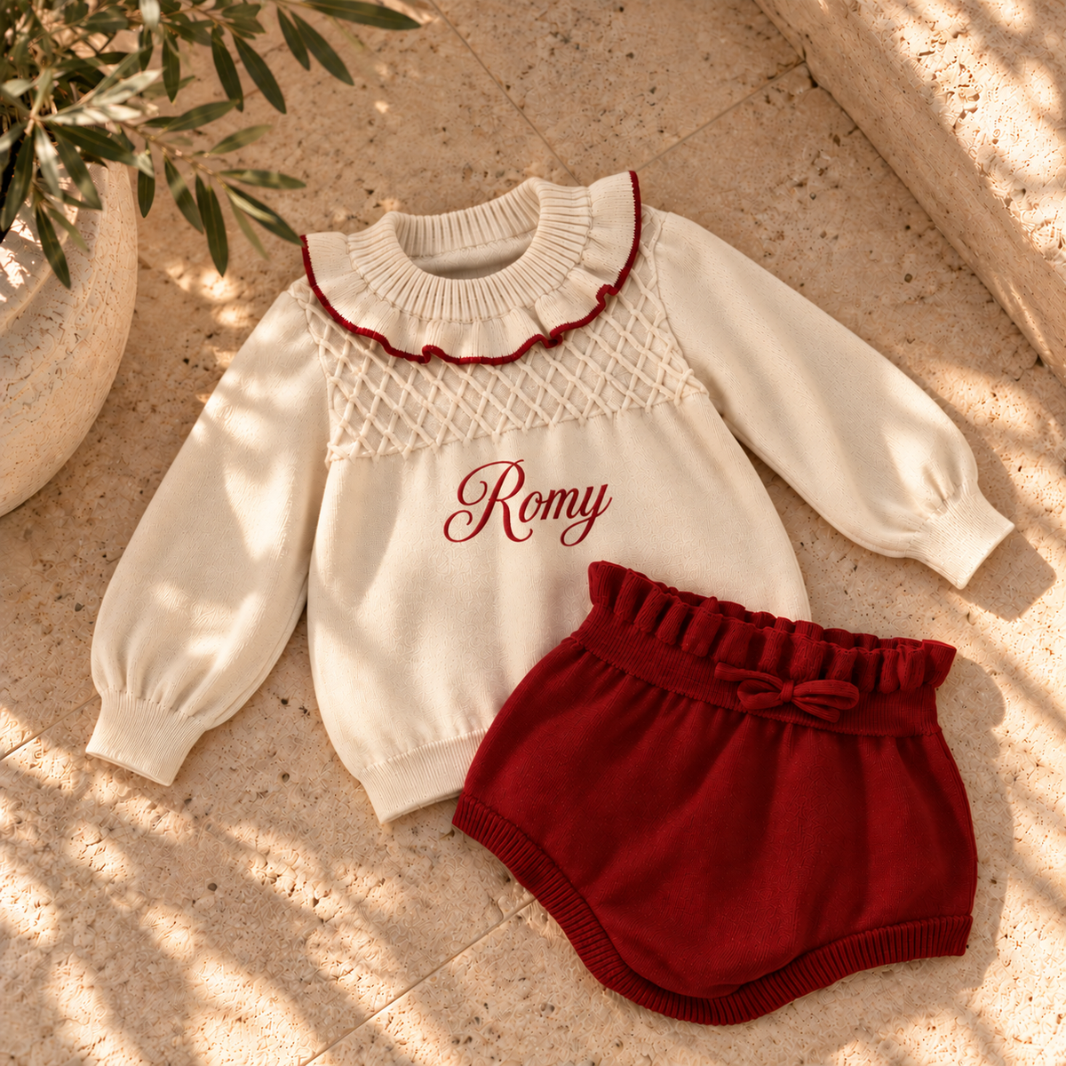 Personalised Knitted Baby Christmas Outfit | Cream Sweater & Burgundy Bloomers