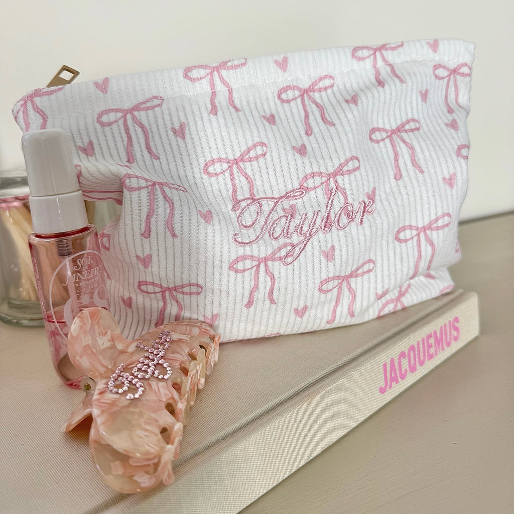 Personalised bow wash bag with pink bows