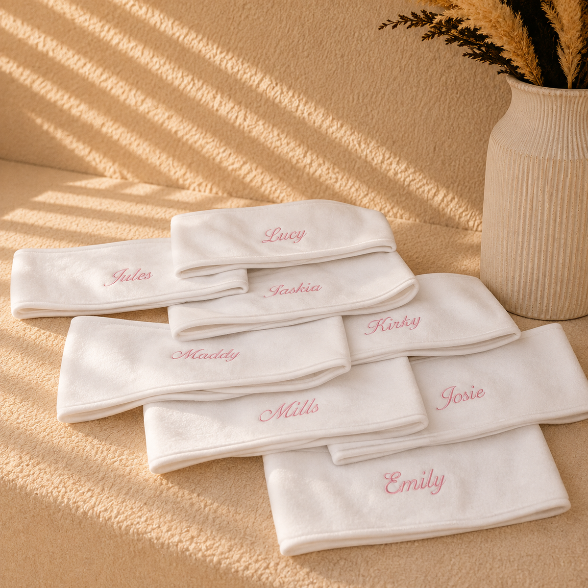 A set of folded white headbands with pink embroidered names, arranged on a beige textured surface with warm sunlight shadows and a vase in the background. Visible names include Lucy, Jules, Lanie, Mudley, Kirby, Mills, Josie, and Emily.