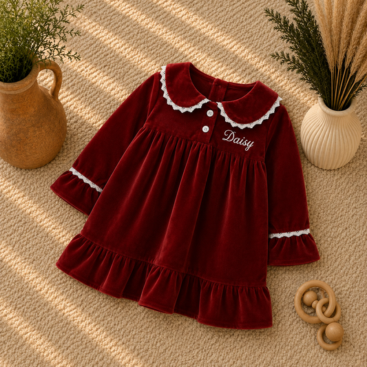 A baby girl's long-sleeve velvet dress in deep burgundy red, featuring a white scalloped Peter Pan collar, white buttons, and 'Daisy' embroidered on the chest. The dress is styled in a flat-lay arrangement on a textured beige rug with decorative vases and a wooden rattle.