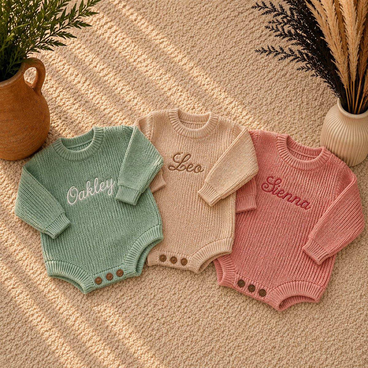 Three long-sleeve knit baby bodysuits in sage green, cream, and dusty pink, laid flat on a textured beige rug with embroidered names Oakley, Leo, and Sienna, styled with potted plants.