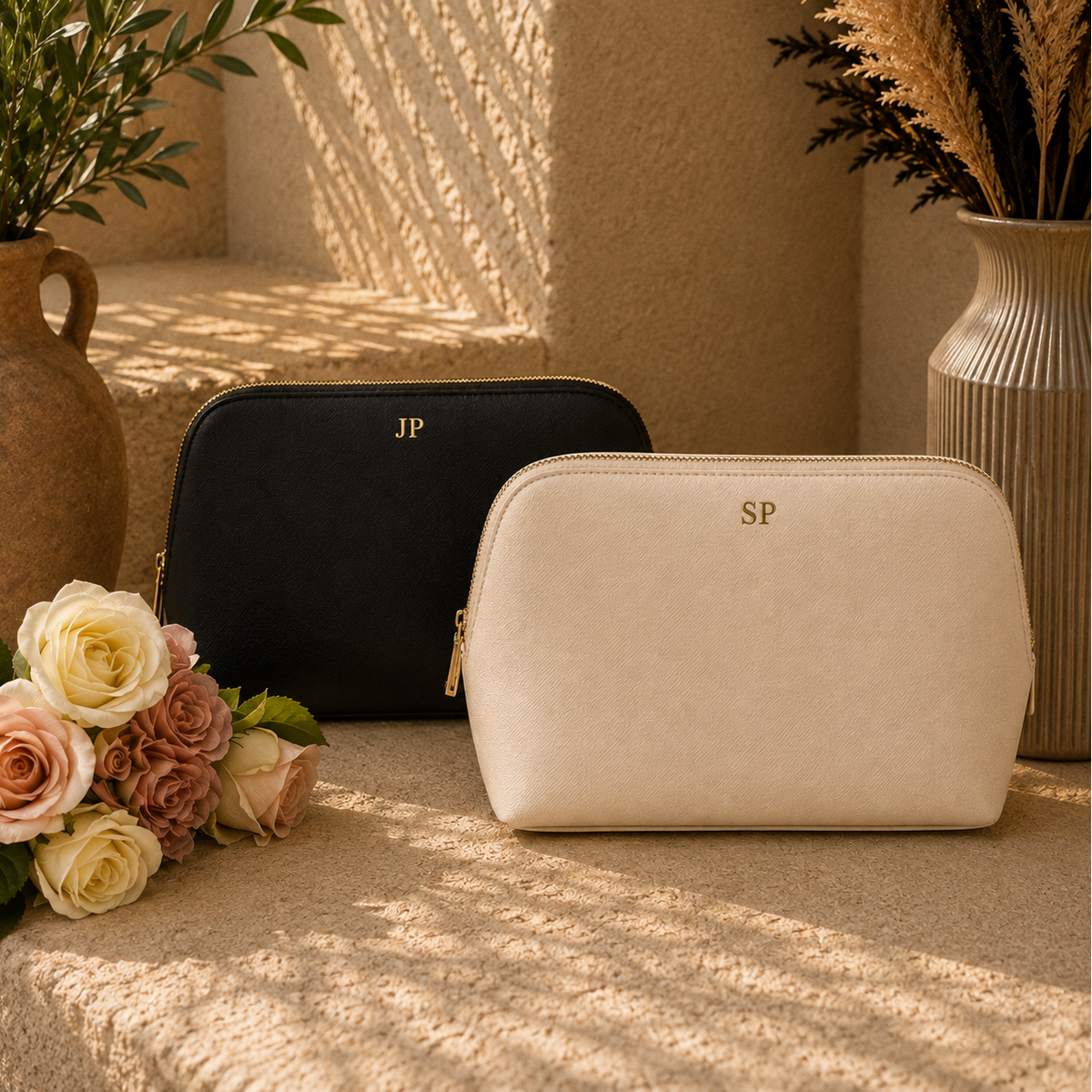Two zippered cosmetic pouches displayed on a stone surface in a warm, sunlit setting. The front pouch is cream with a gold monogram 'SP', and the rear pouch is black with a gold monogram 'JP'.