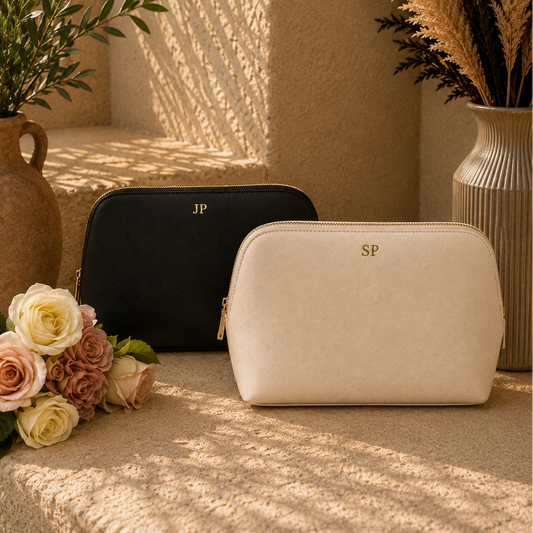 Two zippered cosmetic pouches displayed on a stone surface in a warm, sunlit setting. The front pouch is cream with a gold monogram 'SP', and the rear pouch is black with a gold monogram 'JP'.