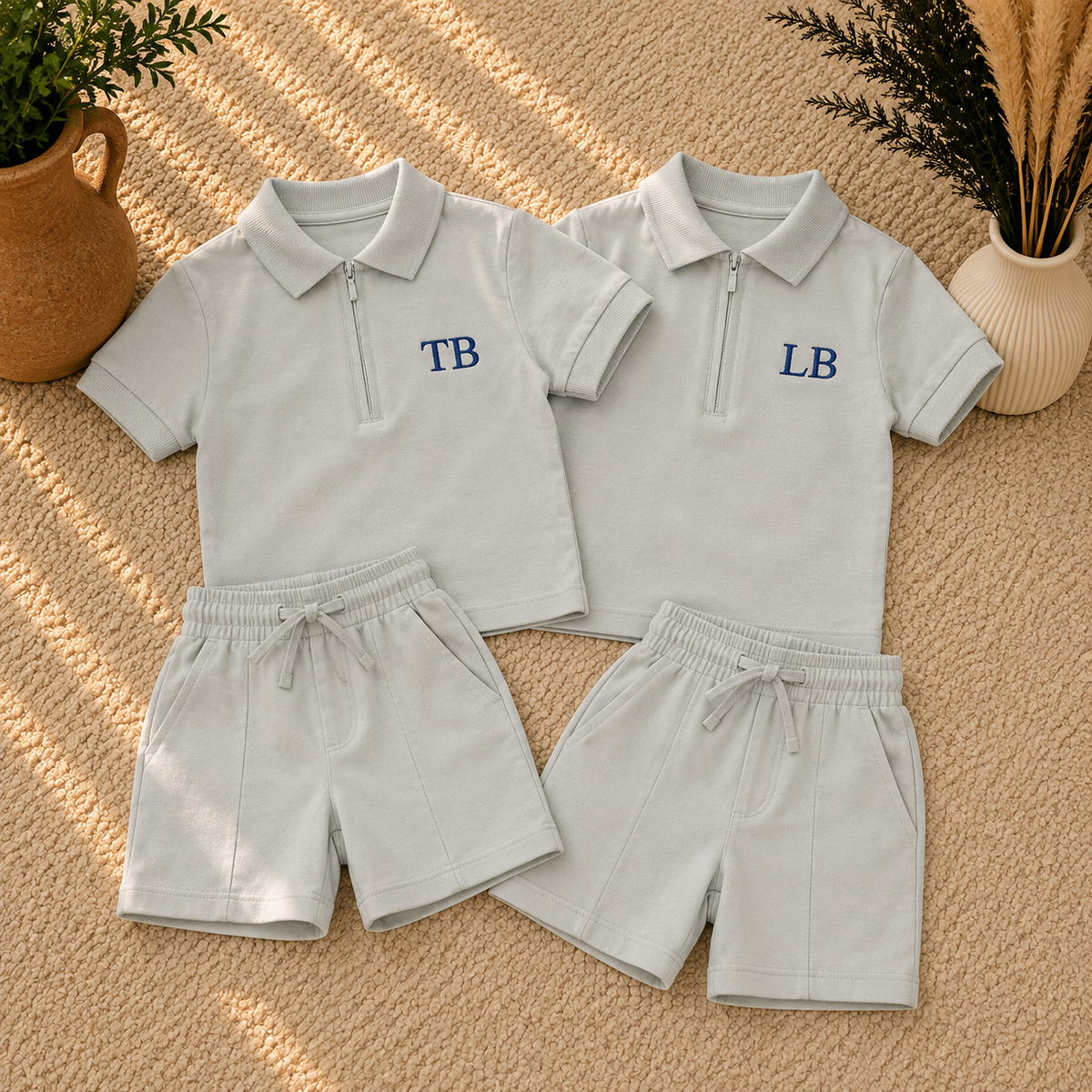 Two children's matching polo shirt and shorts sets in a light gray color, laid flat on a textured beige rug with decorative plants in the corners. Each set features a short zip-up polo with a collar and embroidered initials ('TB' and 'LB' respectively on the chest), paired with matching drawstring shorts.