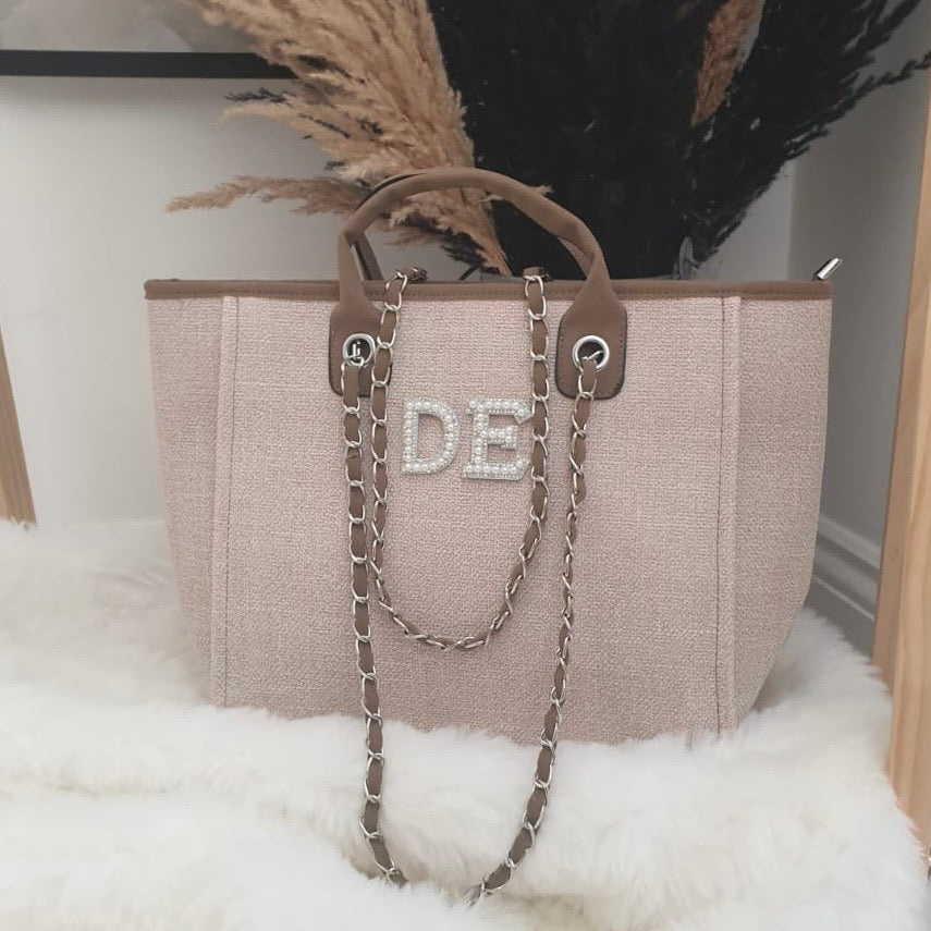 Brown tote with pearl initials personalised
