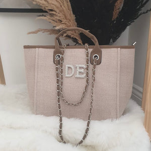 Brown tote with pearl initials personalised