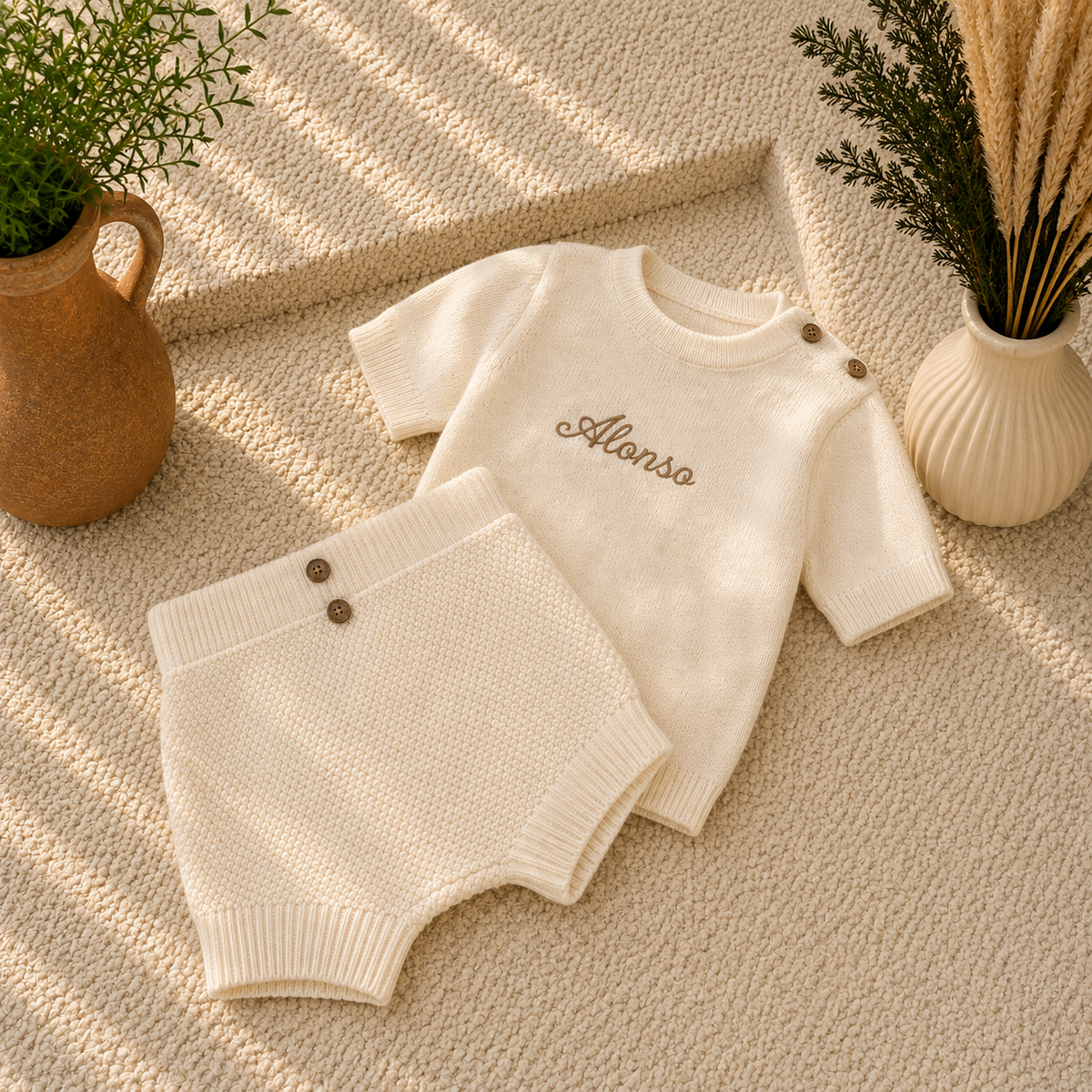 A baby knit two-piece outfit set in cream/off-white, featuring a short-sleeve top with 'Alonso' embroidered on the chest and matching shorts with snap closures. The set is styled in a flat-lay on a textured beige rug with decorative potted plants.