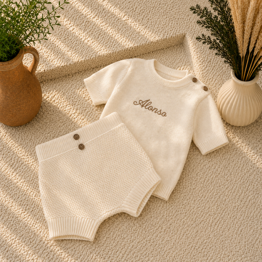 A baby knit two-piece outfit set in cream/off-white, featuring a short-sleeve top with 'Alonso' embroidered on the chest and matching shorts with snap closures. The set is styled in a flat-lay on a textured beige rug with decorative potted plants.