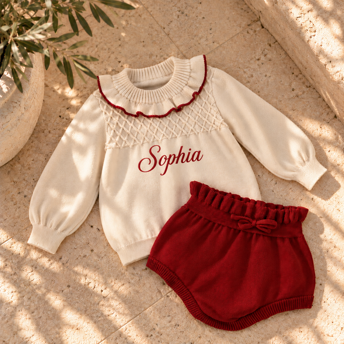 Personalised Knitted Baby Christmas Outfit | Cream Sweater & Burgundy Bloomers