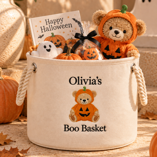 A personalized cream canvas bucket basket labeled 'Olivia's Boo Basket' with rope handles, filled with Halloween-themed treats including a teddy bear in an orange pumpkin costume, small jack-o'-lanterns, ghost figures, and a 'Happy Halloween' card, styled on a stone surface with pumpkins and autumn leaves.