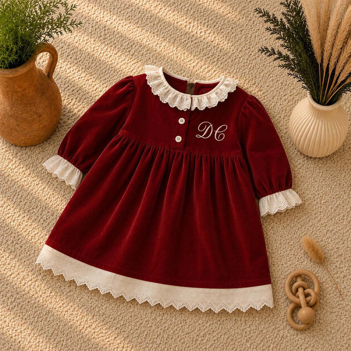 A baby girl's long-sleeve velvet dress in deep burgundy with white lace trim on the collar, cuffs, and hem, featuring a buttoned neckline and a personalized monogram 'DC' on the chest. The dress is styled in a flat-lay arrangement on a textured beige rug with decorative potted plants and a wooden toy.