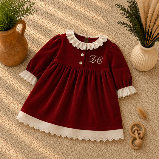 A baby girl's long-sleeve velvet dress in deep burgundy with white lace trim on the collar, cuffs, and hem, featuring a buttoned neckline and a personalized monogram 'DC' on the chest. The dress is styled in a flat-lay arrangement on a textured beige rug with decorative potted plants and a wooden toy.