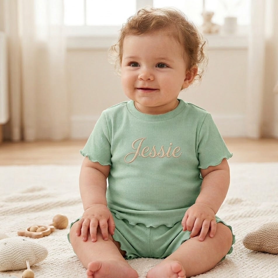Baby wearing a green set with 'Jessie' printed on it, sitting on a carpeted floor.
